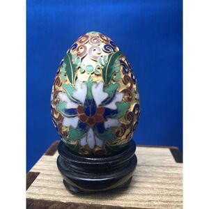 Vintage Gilded Egg From China 1988 2.5”x1.5 With Wood Base 2 Pc